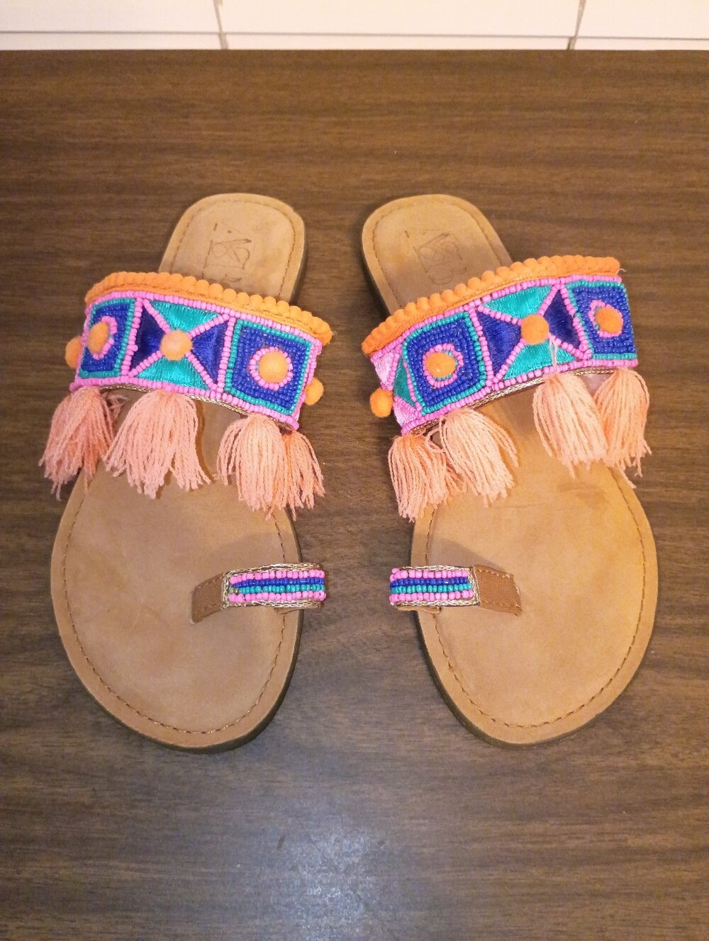 Genuine Leather Embroidered Beaded Sandals with Tassels - Size EU 38 / US 7.5